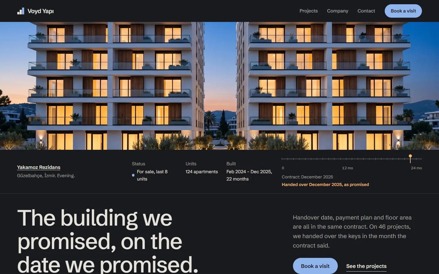 Home page of Voyd Yapı, a concept site for a builder, on a desktop screen: two residential blocks lit up at dusk, with a label underneath showing the project name, status, number of units and construction dates.
