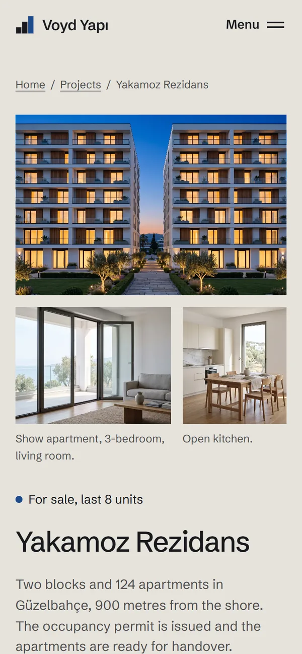 Voyd Yapı project page on a phone, light theme: building photo, living room and kitchen photos, sales status, project name and a short description.