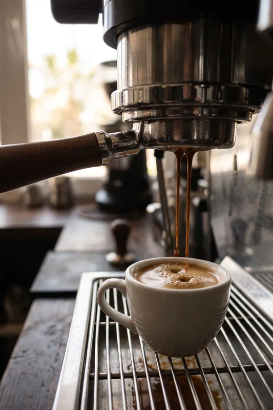 Dipsiz portafiltreden küçük fincana akan koyu espresso.