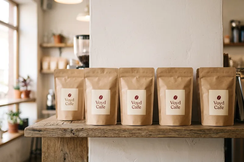 Ahşap rafta dizili, üzerinde Voyd Cafe etiketi olan kraft kahve paketleri.