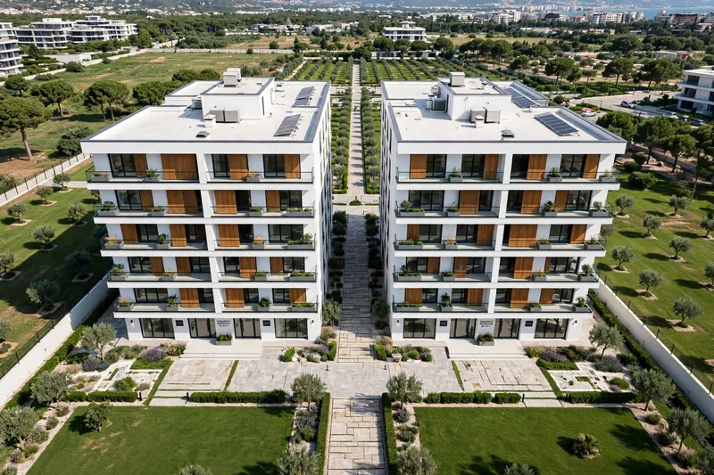 Aerial view of two residential blocks and the landscaped garden between them.