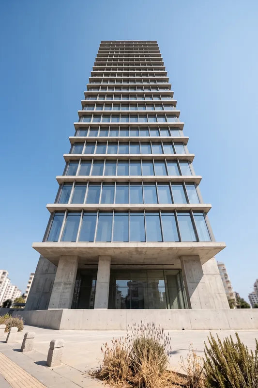 A twenty-two-storey office tower with a glass and concrete facade, seen from below.