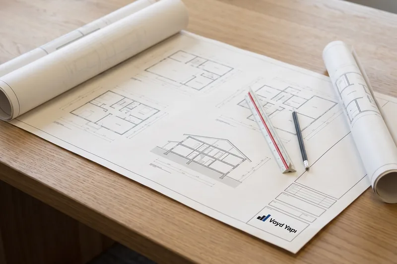 Architectural drawing sheets and a scale ruler on a large table.