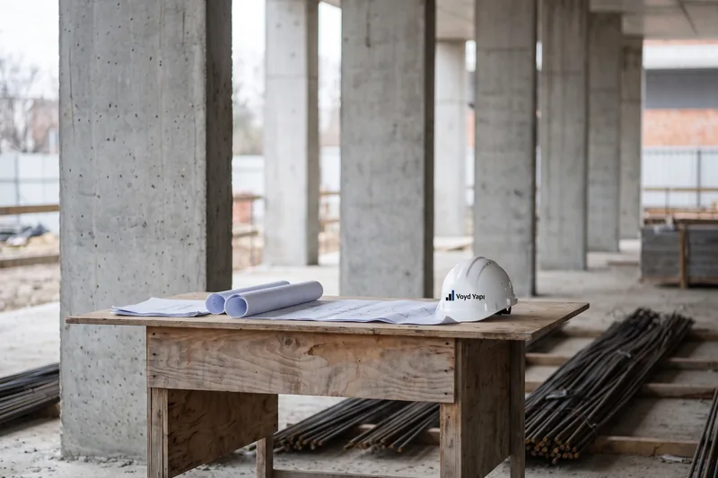 A drawing table, a hard hat and rebar ties between concrete columns on site.