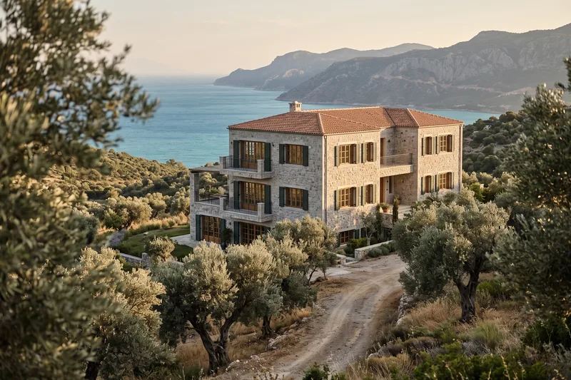 A small three-storey house of local stone in an olive grove; design rendering.