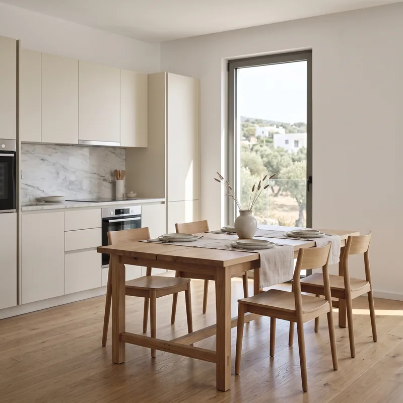 Open kitchen and dining area in the show apartment.