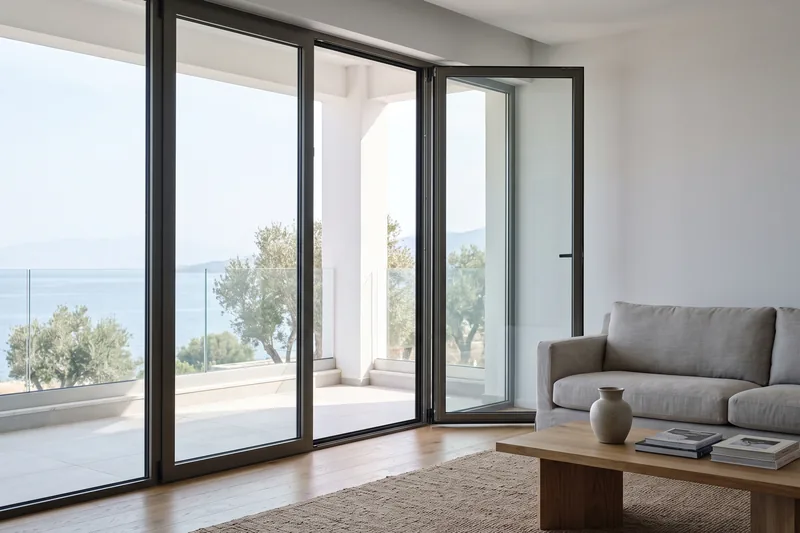 The show apartment's living room with wide windows and a sea-view balcony.
