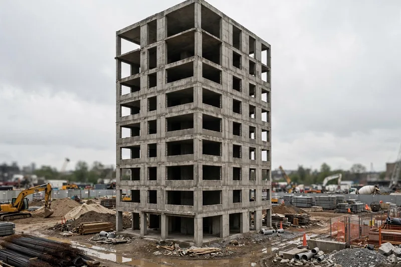 The reinforced concrete frame of a residential block under construction, and the building site.