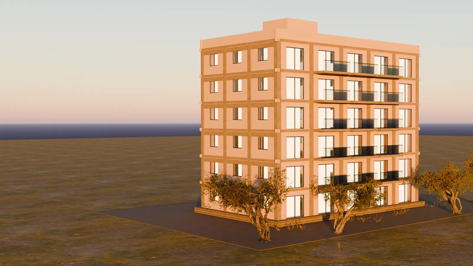 Evening: the building with its windows lit and olive trees in front; the last frame of the construction animation.