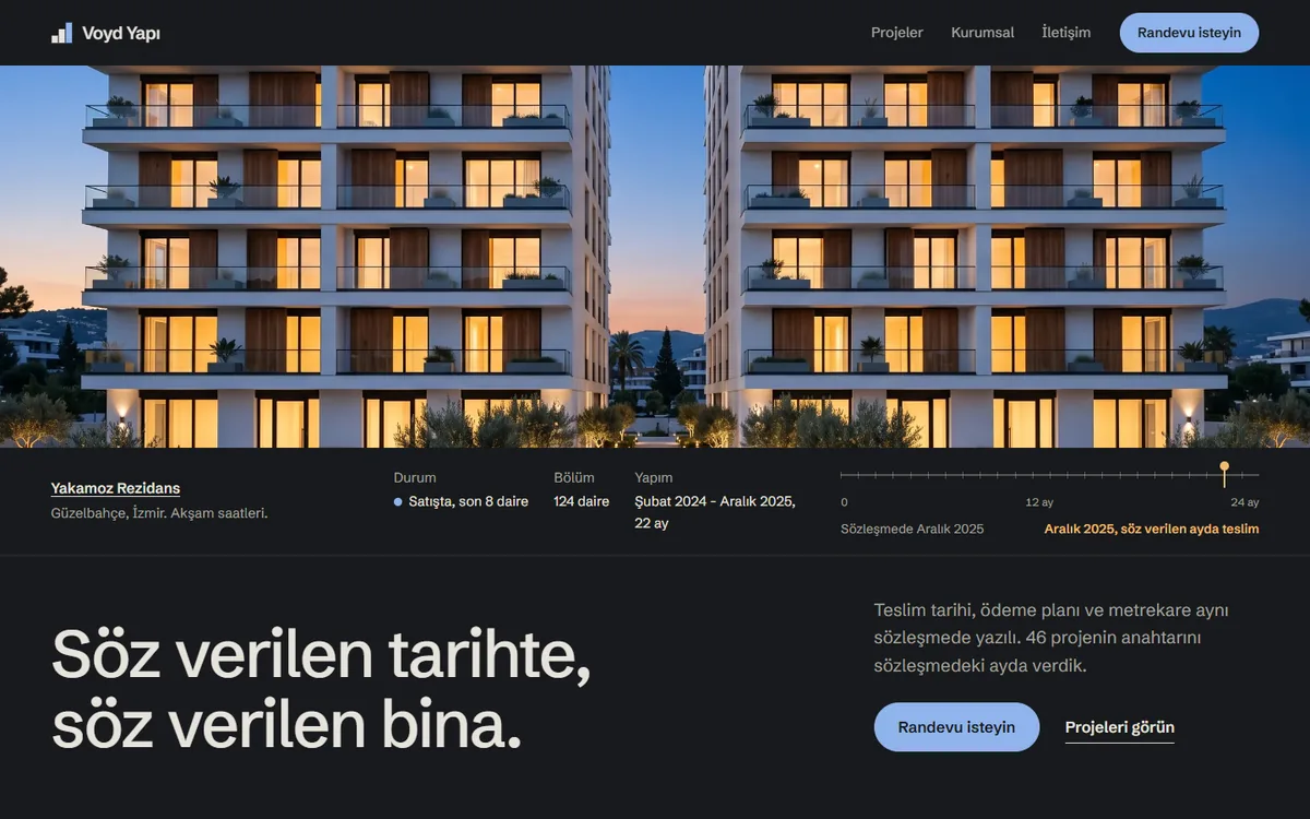 Voyd Yapı konsept sitesinin açılışı: akşam ışıklarında Yakamoz Rezidans'ın iki bloğu, altında proje etiketi ve söz damgası, en altta “Söz verilen tarihte, söz verilen bina.” başlığı.