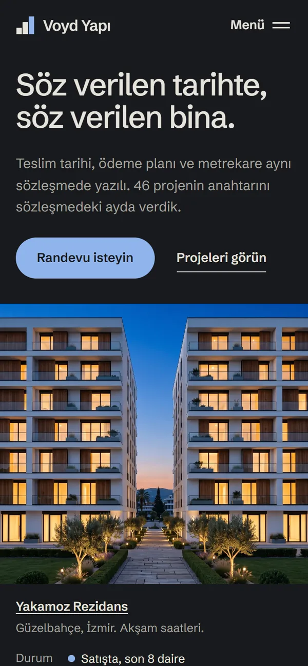 Voyd Yapı ana sayfası, telefon, koyu tema: üstte başlık, açıklama, randevu düğmesi ve projeler bağlantısı; altında akşam ışıklarında Yakamoz Rezidans ve proje etiketi.